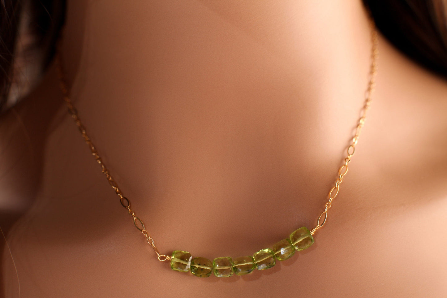 Peridot Faceted 6x6mm Square Cushion Shape Faceted Clear AAA Quality Stone with 14k Gold Filled Long & Short Chain Necklace, Gifts