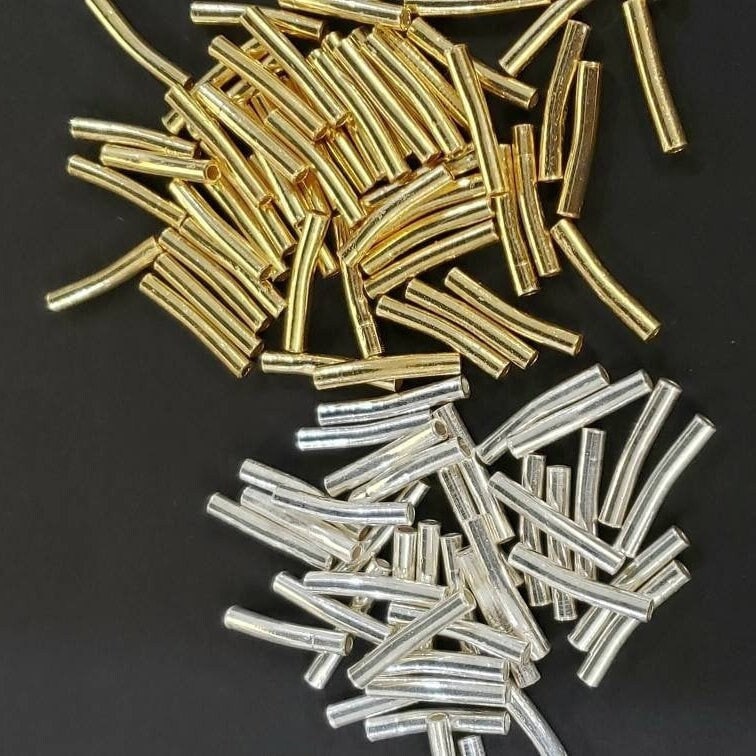 925 Sterling Silver and 22k Gold vermeil 2x12mm curved tube spacer for jewelry making. 10, 50 and 100pcs