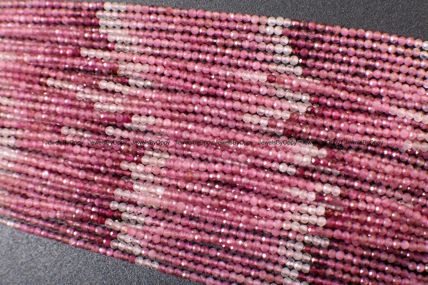 Pink Tourmaline, 2.5mm Ombre Pink Shaded Natural Tourmaline Faceted Diamond Micro Cut Faceted Round 12.5" Strand, AAA quality