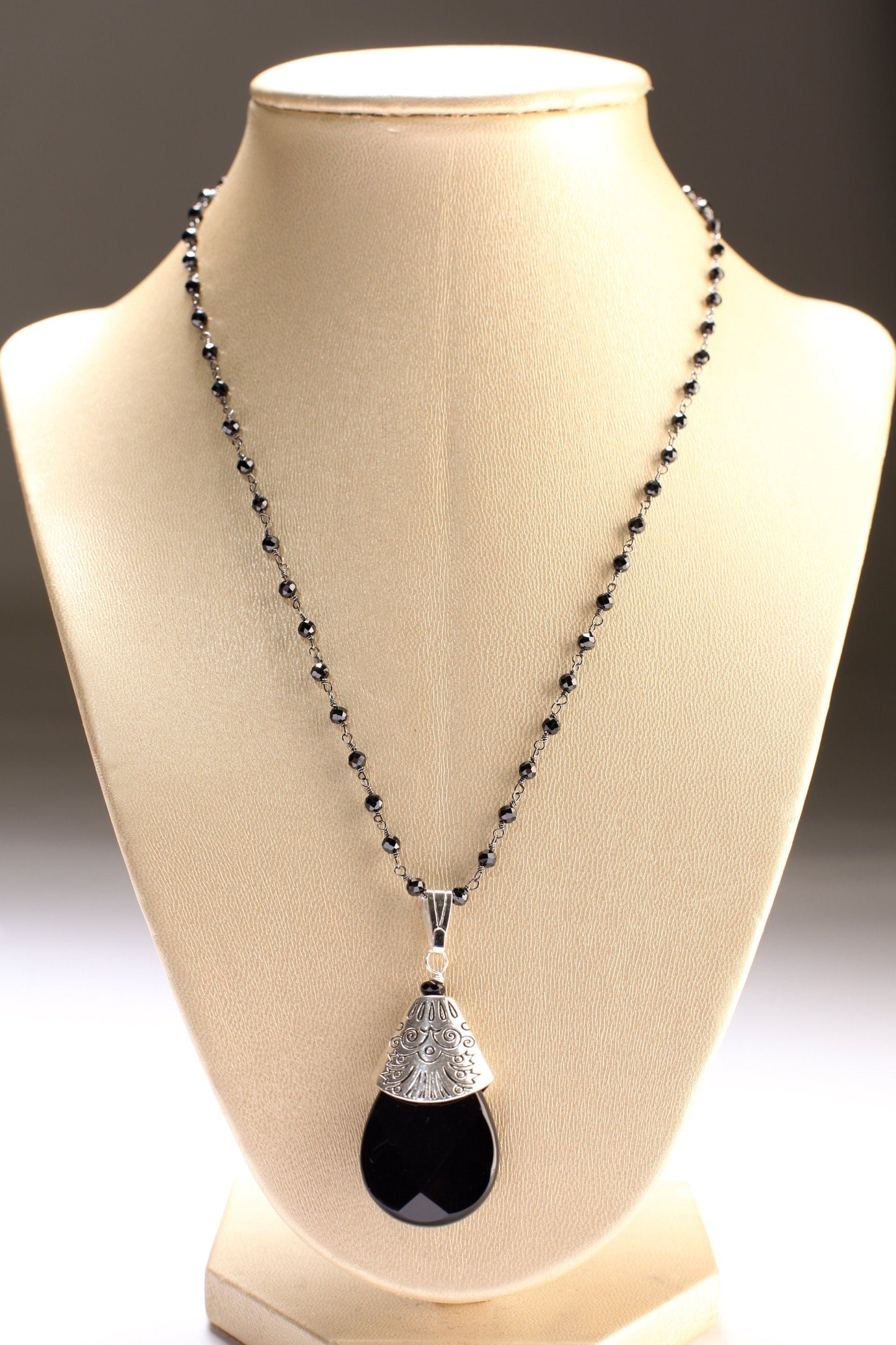 Black Spinel Diamond Cut Necklace with Oxidized Silver Teardrop, Large Bali Style Cap, Black Onyx Pear Drop Pendant Necklace