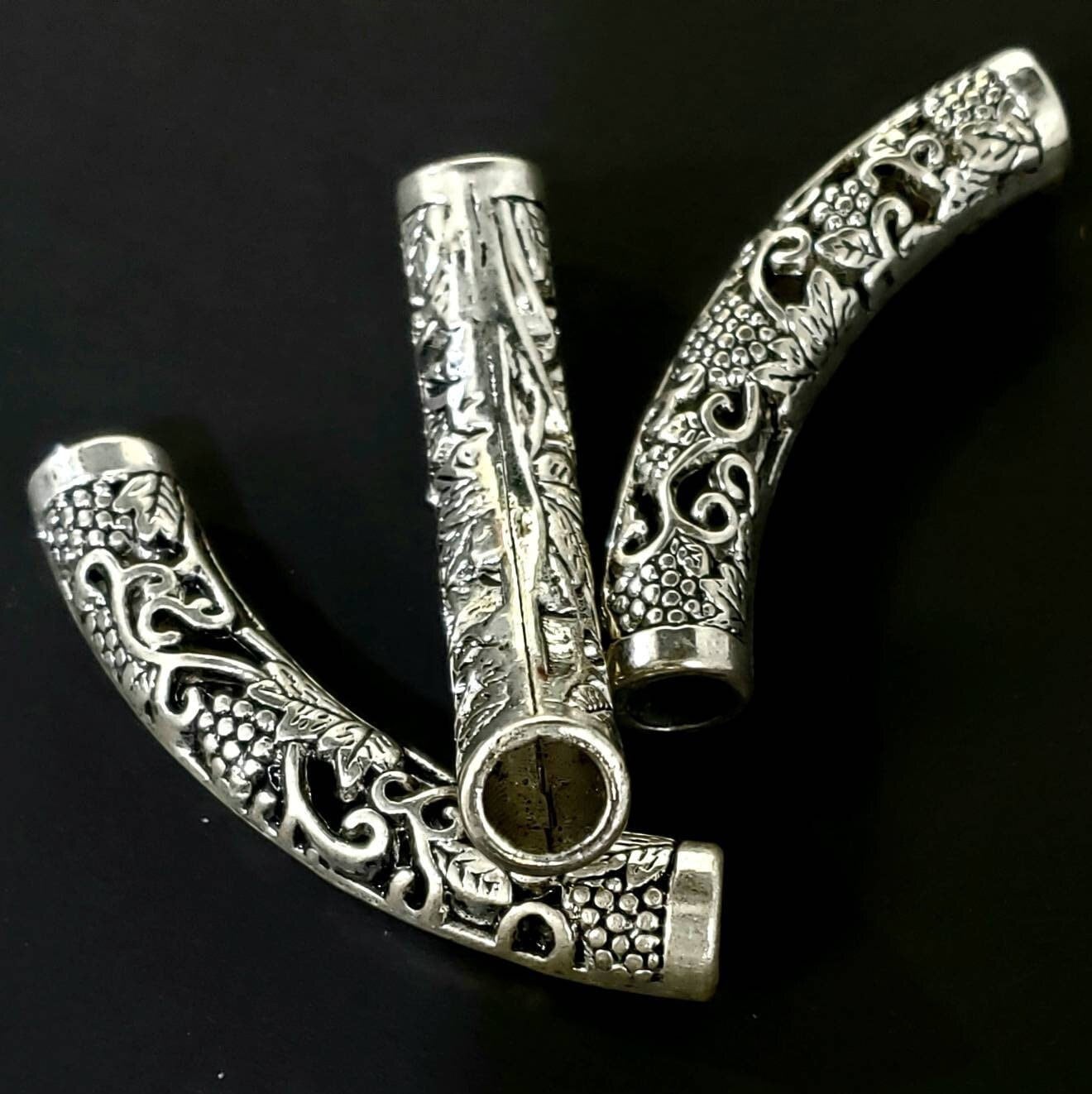 2 pieces Bali style Curved tube antique finished filigree large curved tube 50mm long,jewelry making focal tube.