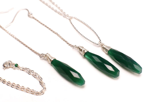 Genuine Green Onyx 7x30mm Wire Wrapped Briolette Teardrop Necklace, Matching Dangling Long Earring in 925 Sterling Silver, Gift for her