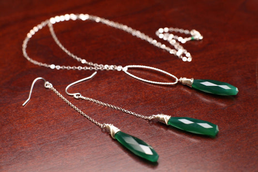 Genuine Green Onyx 7x30mm Wire Wrapped Briolette Teardrop Necklace, Matching Dangling Long Earring in 925 Sterling Silver, Gift for her