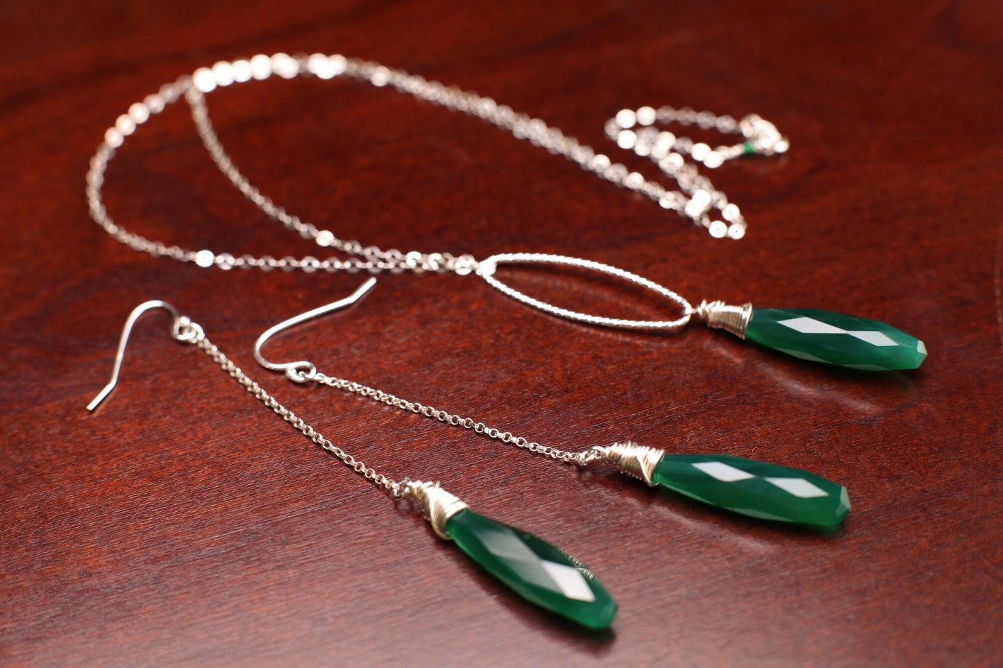 Genuine Green Onyx 7x30mm Wire Wrapped Briolette Teardrop Necklace, Matching Dangling Long Earring in 925 Sterling Silver, Gift for her