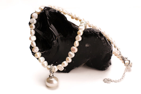 Natural Freshwater Pearl freeform oval with South SeaShell Pearl 12x15mm CZ Pendant Necklace plus 2" Extender, Bridal , party , elegant gift