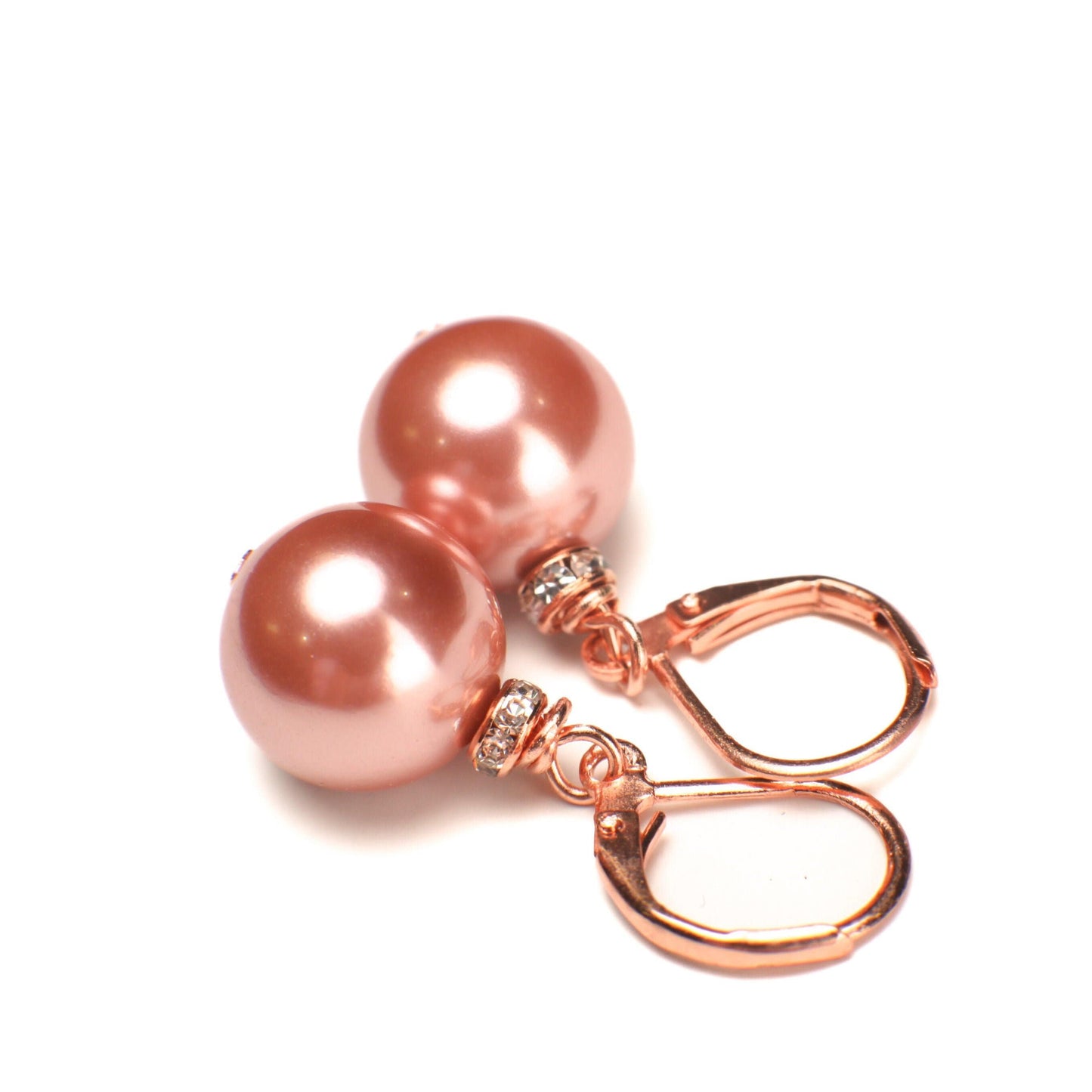 Copper Pink South Sea Shell Pearl 12mm High Luster Earrings, CZ Rhinestone Spacer, Rose Gold Leverback, Bridal, Gift for Her