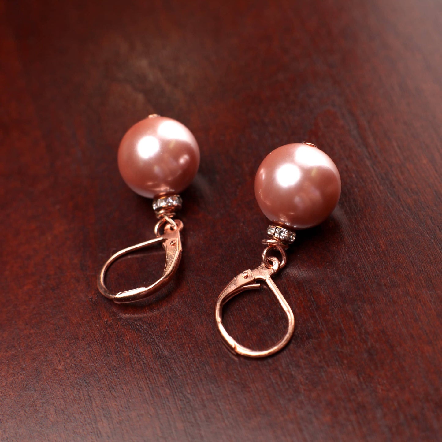 Copper Pink South Sea Shell Pearl 12mm High Luster Earrings, CZ Rhinestone Spacer, Rose Gold Leverback, Bridal, Gift for Her