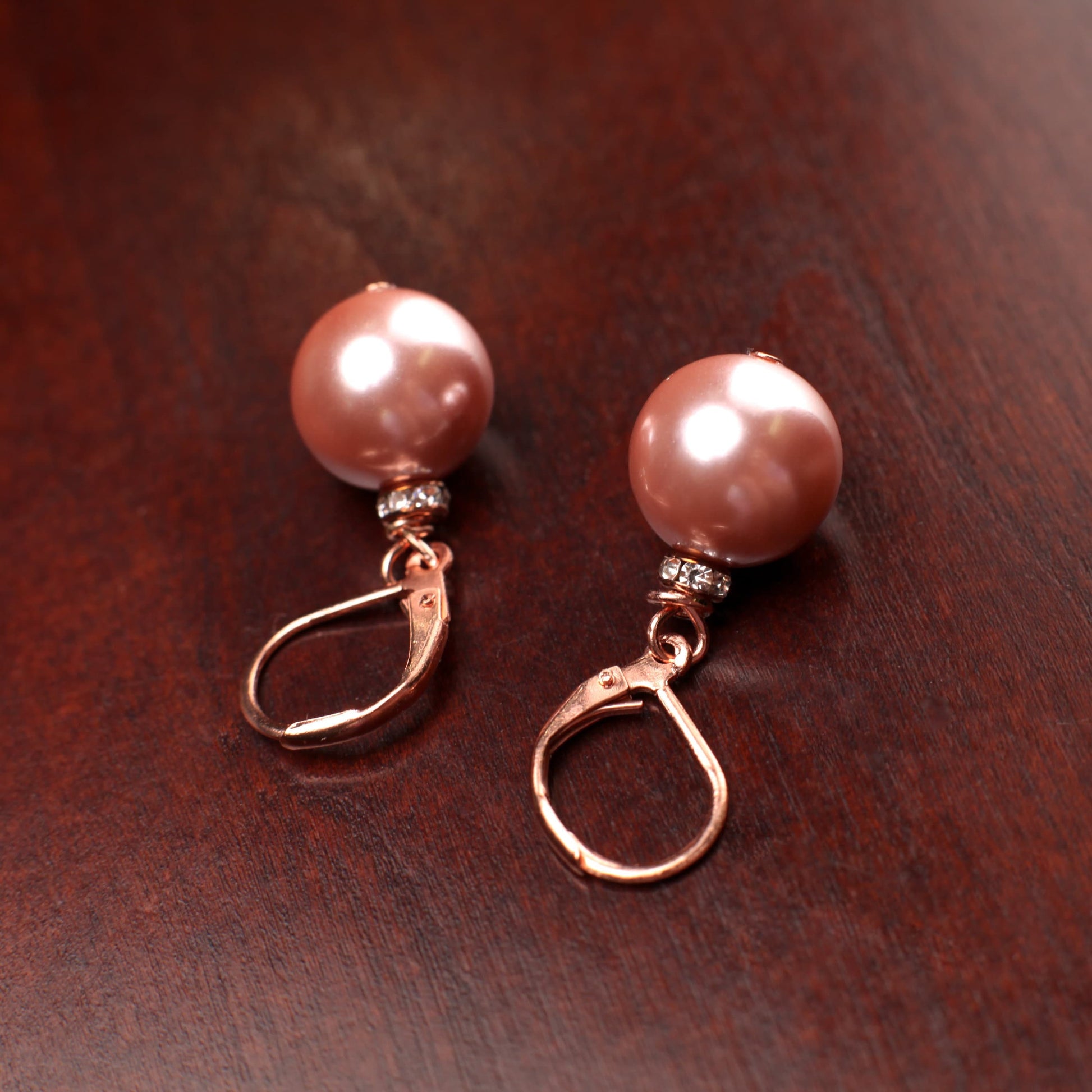 Copper Pink South Sea Shell Pearl 12mm High Luster Earrings, CZ Rhinestone Spacer, Rose Gold Leverback, Bridal, Gift for Her