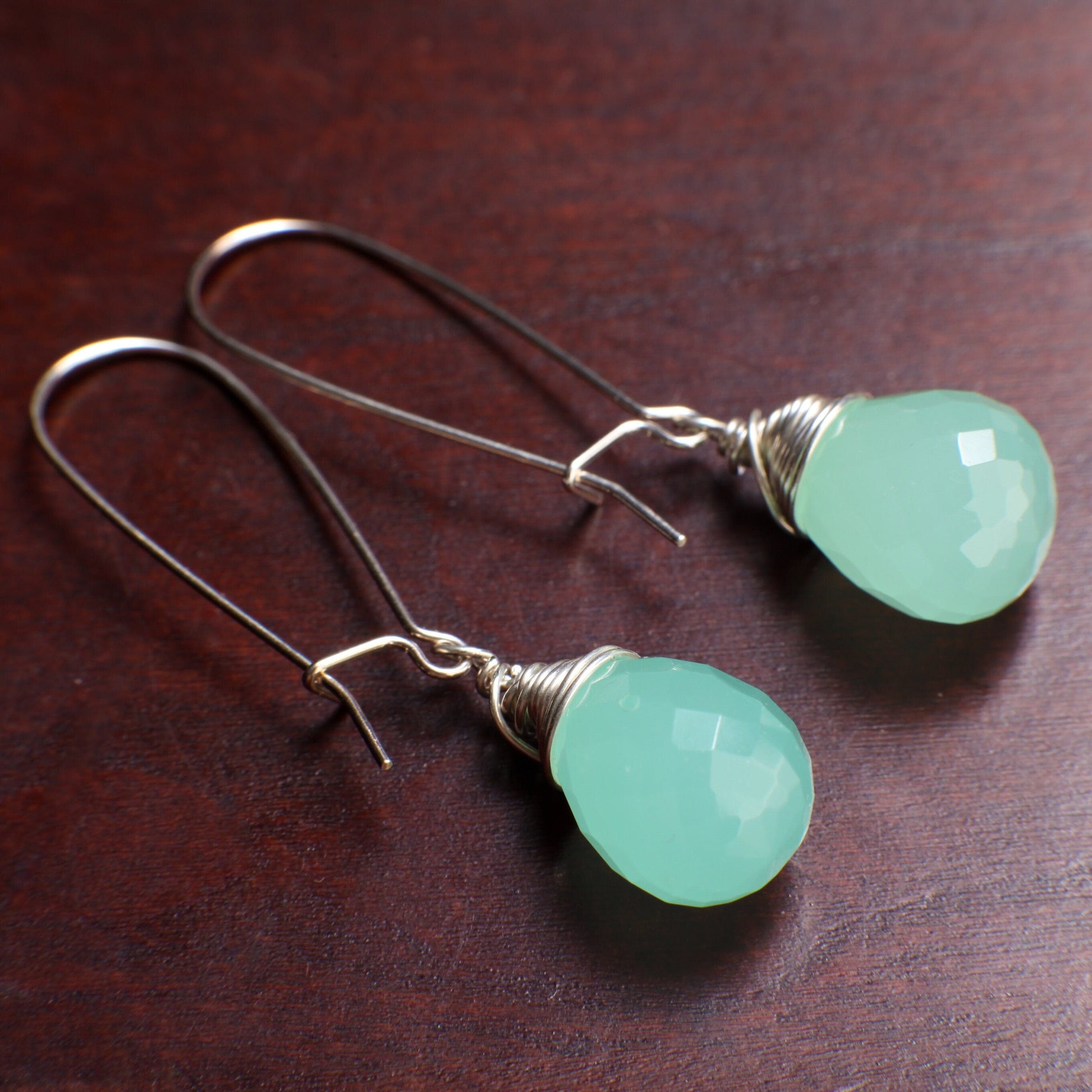 Aqua Chalcedony Faceted 11x16mm Briolette Wire Wrapped Dangling in 925 Sterling Silver 35mm Kidney Earwire or Leverback earwire Minimalist