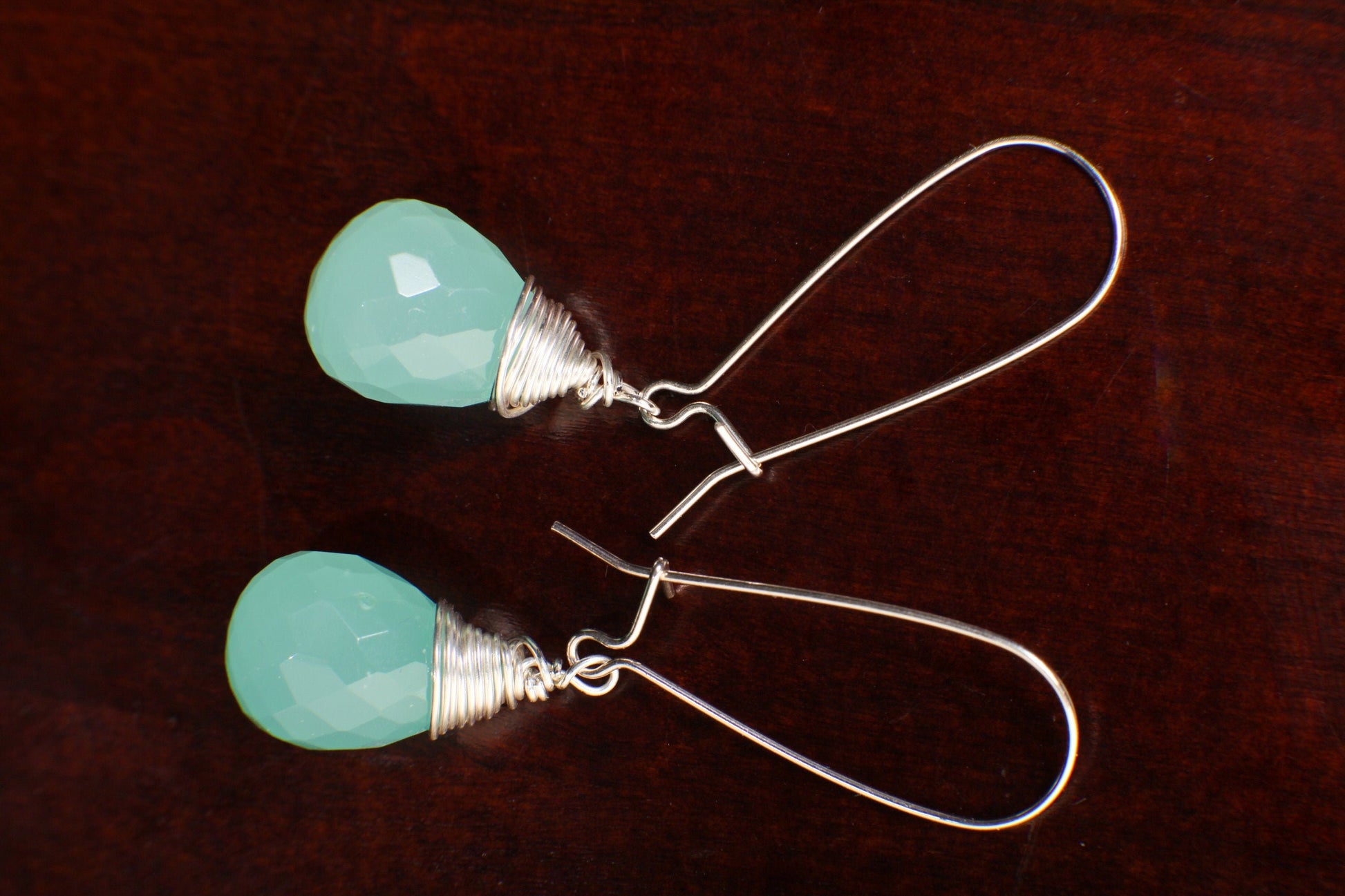 Aqua Chalcedony Faceted 11x16mm Briolette Wire Wrapped Dangling in 925 Sterling Silver 35mm Kidney Earwire or Leverback earwire Minimalist