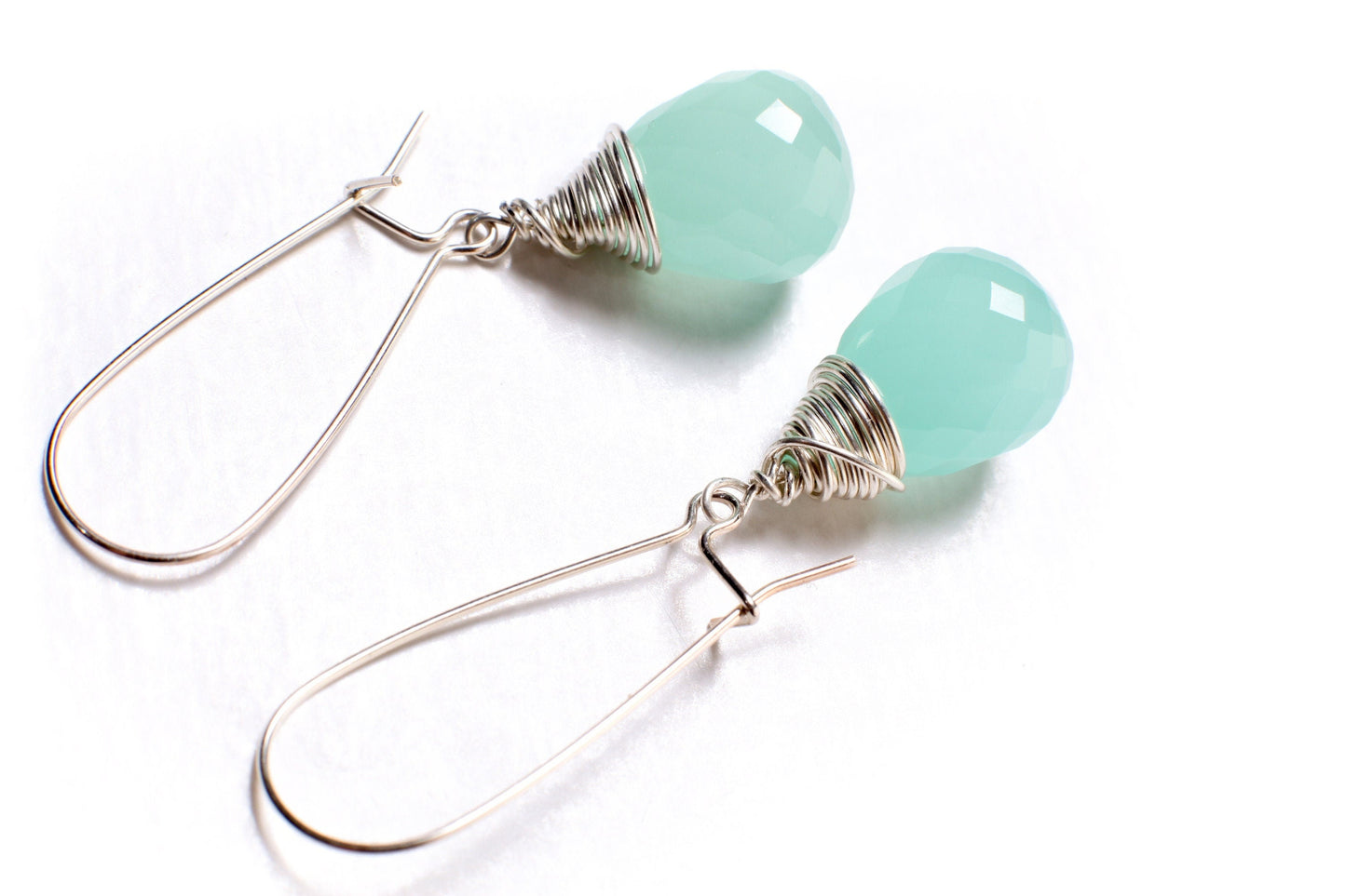 Aqua Chalcedony Faceted 11x16mm Briolette Wire Wrapped Dangling in 925 Sterling Silver 35mm Kidney Earwire or Leverback earwire Minimalist