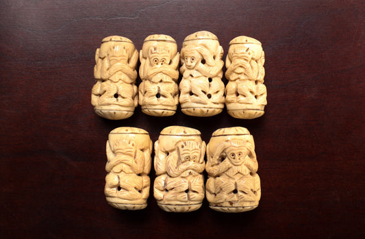 Carved Buffalo Bone Three Wise Monkeys, See No Evil, Hear No Evil, Speak No Evil, 25-30x50mm, Animal Figurine Hollow Drilled Bead, Art Deco