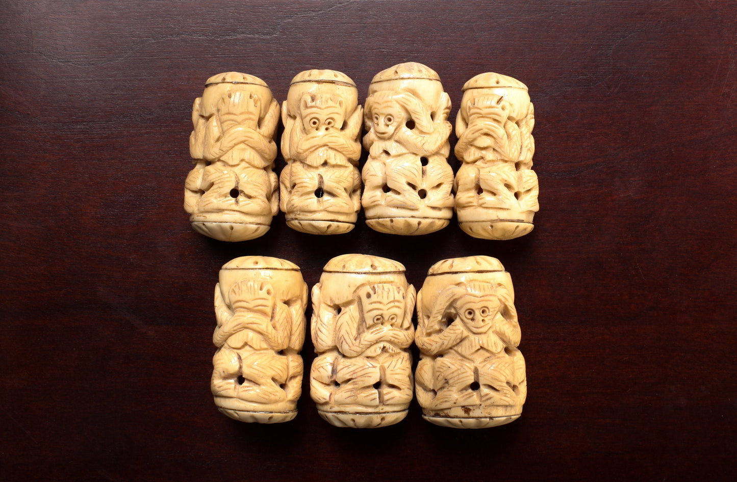 Carved Buffalo Bone Three Wise Monkeys, See No Evil, Hear No Evil, Speak No Evil, 25-30x50mm, Animal Figurine Hollow Drilled Bead, Art Deco