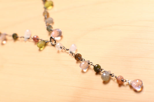 Multi Gemstone Faceted Briolette Rondelle Wire Wrapped Oxidized Silver Y Necklace, Peridot, Labradorite,Moonstone,Tourmaline, Pink Amethyst