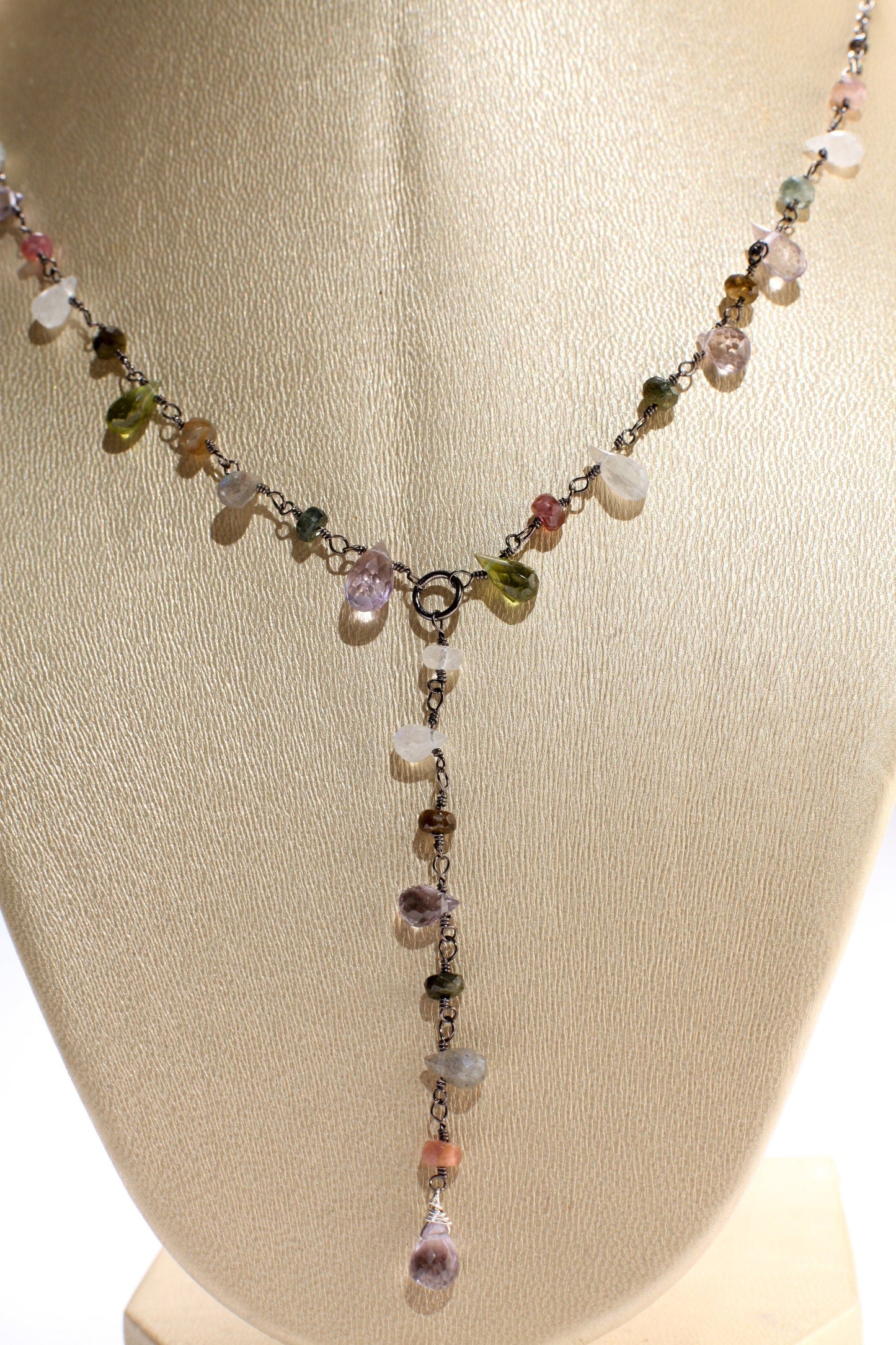 Multi Gemstone Faceted Briolette Rondelle Wire Wrapped Oxidized Silver Y Necklace, Peridot, Labradorite,Moonstone,Tourmaline, Pink Amethyst