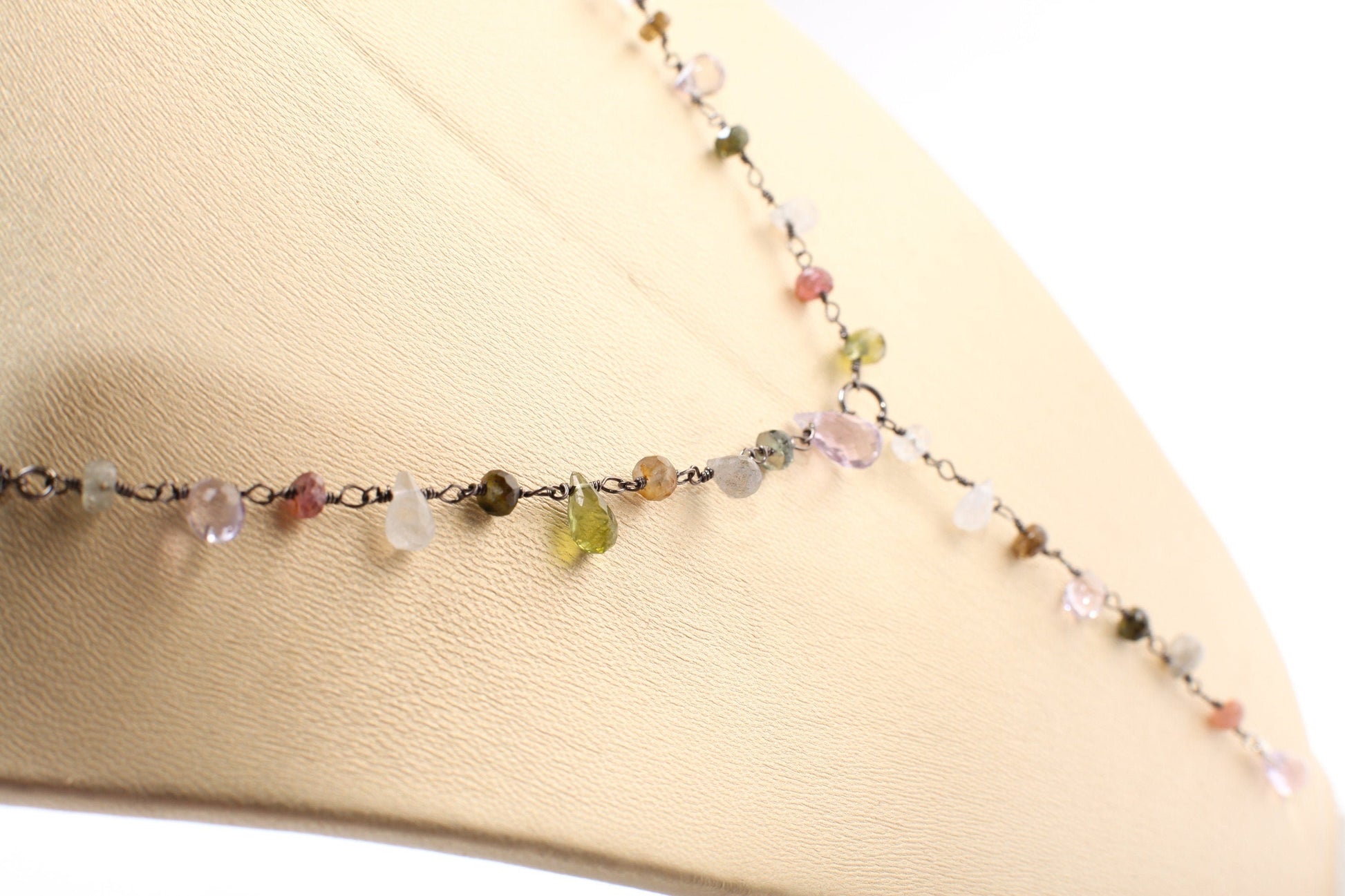 Multi Gemstone Faceted Briolette Rondelle Wire Wrapped Oxidized Silver Y Necklace, Peridot, Labradorite,Moonstone,Tourmaline, Pink Amethyst