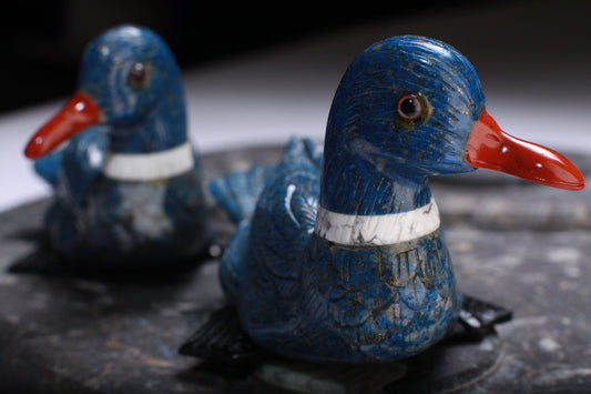 Natural Lapis Lazuli & Red Jasper, White Howlite Duck Carving Realistic Figurine Energy Healing, Home Decor