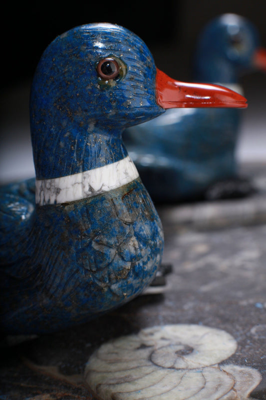 Natural Lapis Lazuli & Red Jasper, White Howlite Duck Carving Realistic Figurine Energy Healing, Home Decor