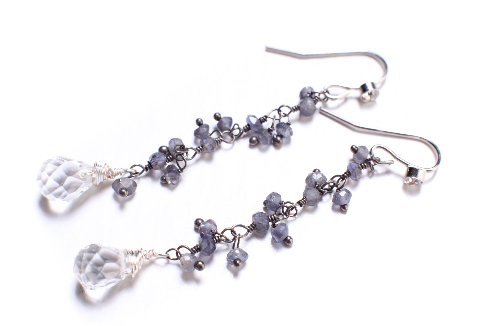 Genuine Iolite Faceted Clusters Oxidized Silver natural Rock Crystal Quartz 7x9mm Drop Wire Wrapped Dangling in CZ Rhodium Earwire Earrings