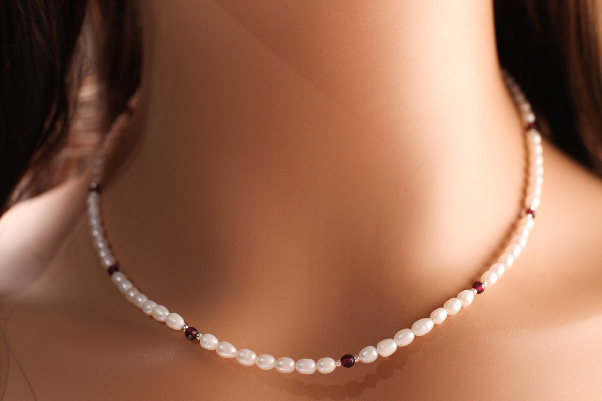 Freshwater Pearl with Genuine Amethyst or Garnet, 925 Sterling Silver spacer and Clasp Necklace, Choker, Layering, Minimalist Holiday Gift