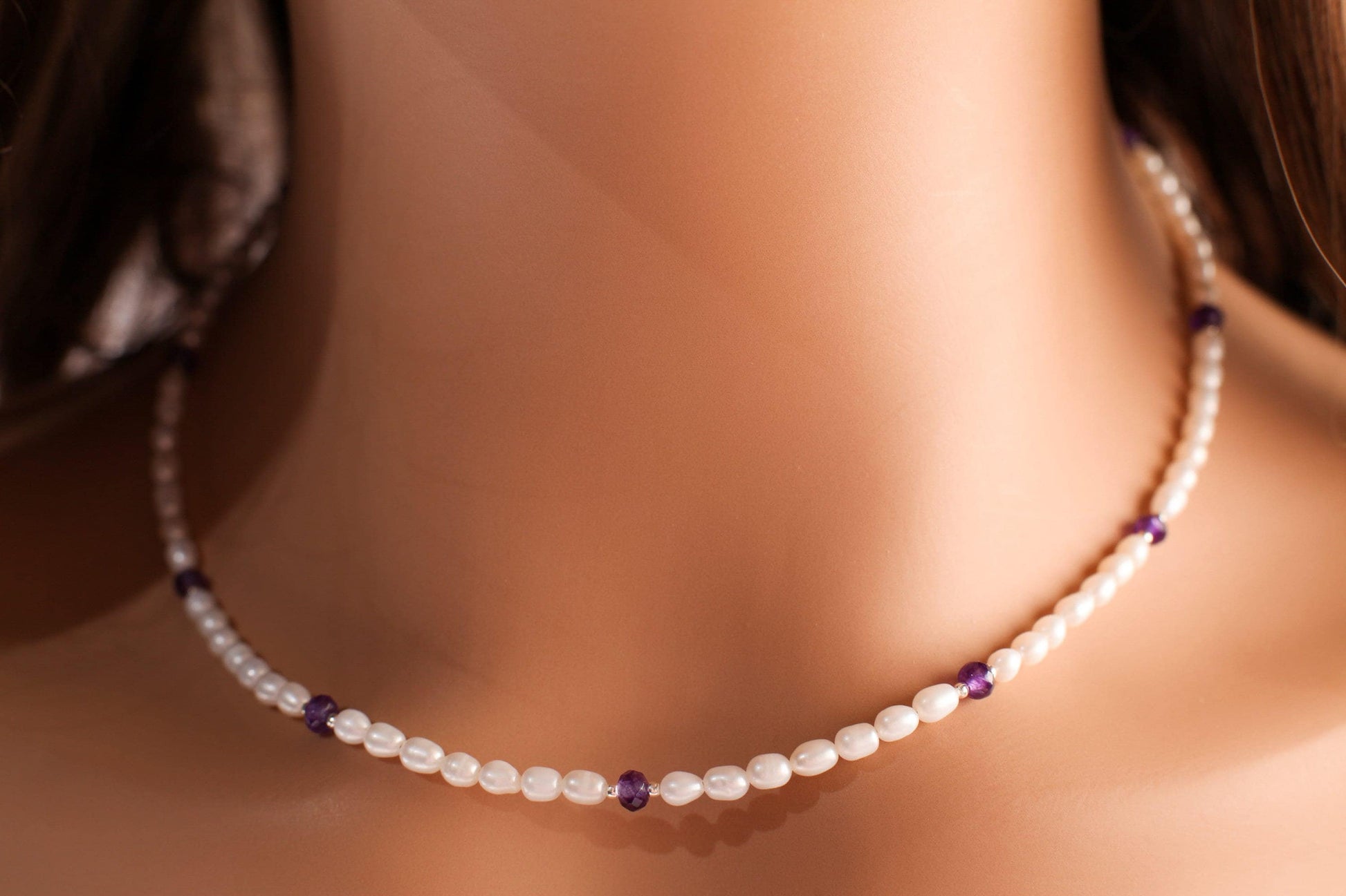 Freshwater Pearl with Genuine Amethyst or Garnet, 925 Sterling Silver spacer and Clasp Necklace, Choker, Layering, Minimalist Holiday Gift