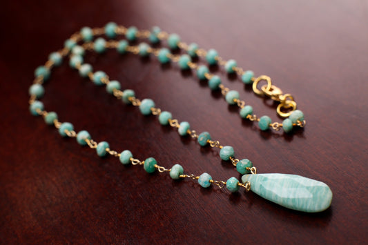 Genuine Amazonite Wire Wrapped Long Pear Drop 10x25mm with Amazonite Rondelle Spacers Rosary Chain Necklace