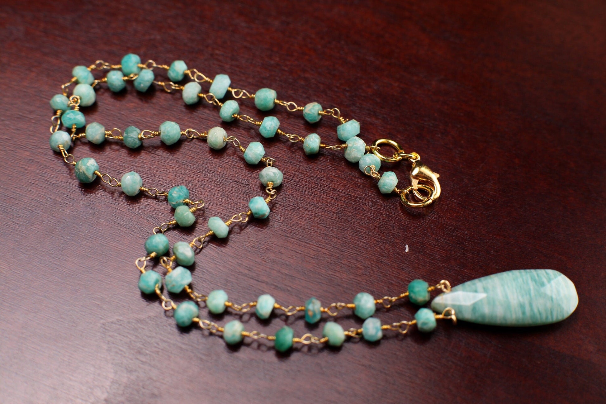 Genuine Amazonite Wire Wrapped Long Pear Drop 10x25mm with Amazonite Rondelle Spacers Rosary Chain Necklace