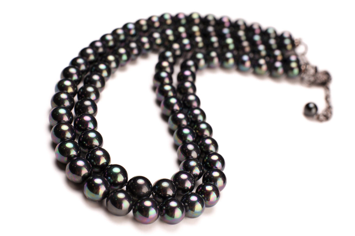 Double Layered South Sea Shell Pearl 10mm Peacock AB black Statement Necklace with CZ Diamond Clasp and 2" Extender Necklace, Elegant Gift