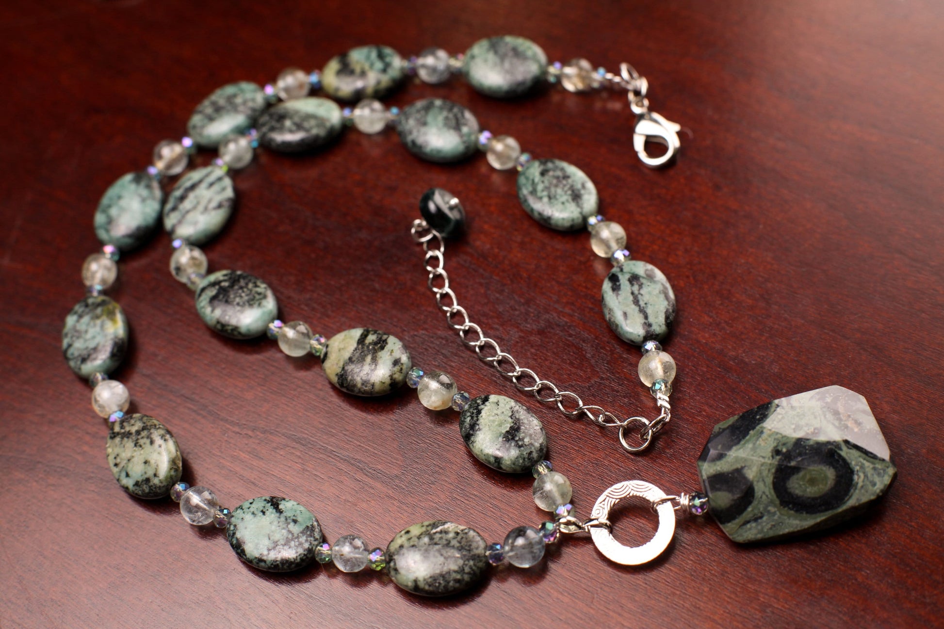 Natural Kambaba Jasper Twisted 22x30mm Pendant with African Turquoise 12x15mm Oval and Aquamarine Round Spacers 18" + 2" Extension Necklace