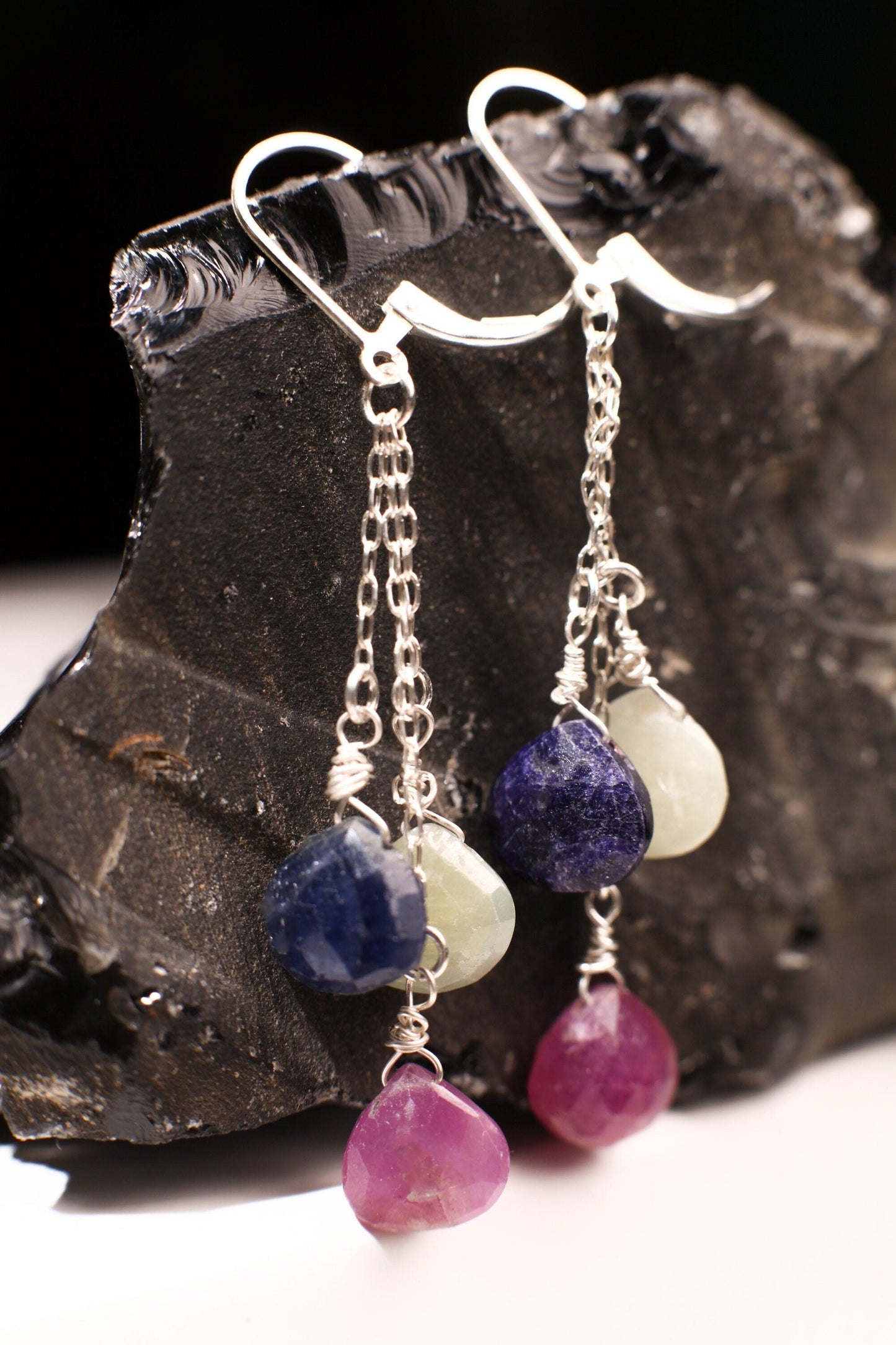 Natural Multi Sapphire Dangling Wire Wrapped Teardrop Briolette Gemstone Earring 925 Sterling Silver Chain & Earwire,Also in 14K Gold Filled