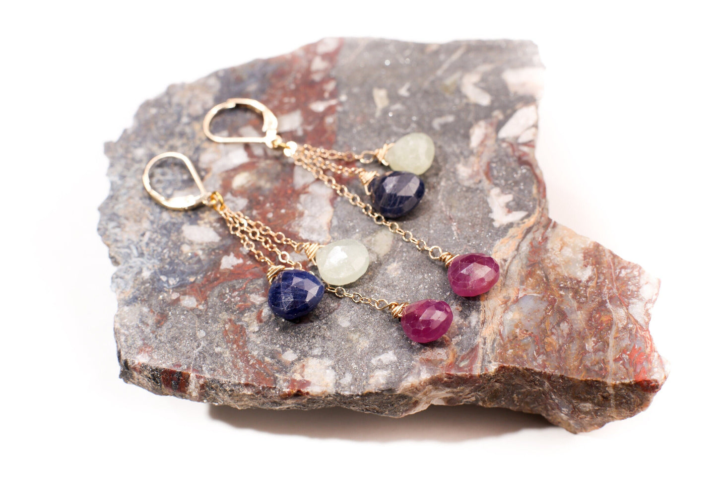Natural Multi Sapphire Dangling Wire Wrapped Teardrop Briolette Gemstone Earring 925 Sterling Silver Chain & Earwire,Also in 14K Gold Filled