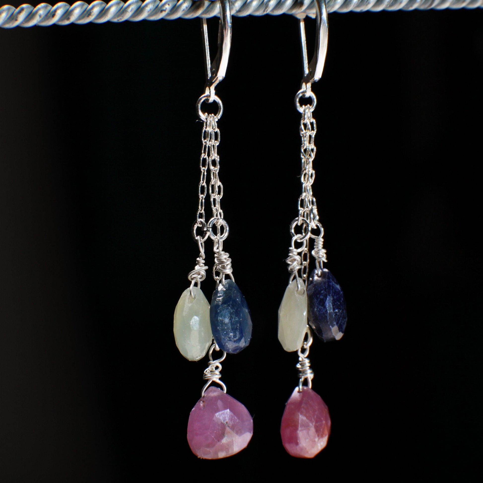 Natural Multi Sapphire Dangling Wire Wrapped Teardrop Briolette Gemstone Earring 925 Sterling Silver Chain & Earwire,Also in 14K Gold Filled