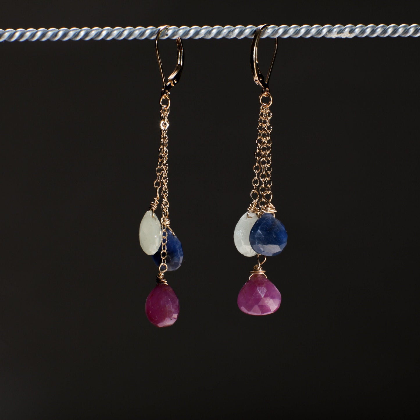 Natural Multi Sapphire Dangling Wire Wrapped Teardrop Briolette Gemstone Earring 925 Sterling Silver Chain & Earwire,Also in 14K Gold Filled