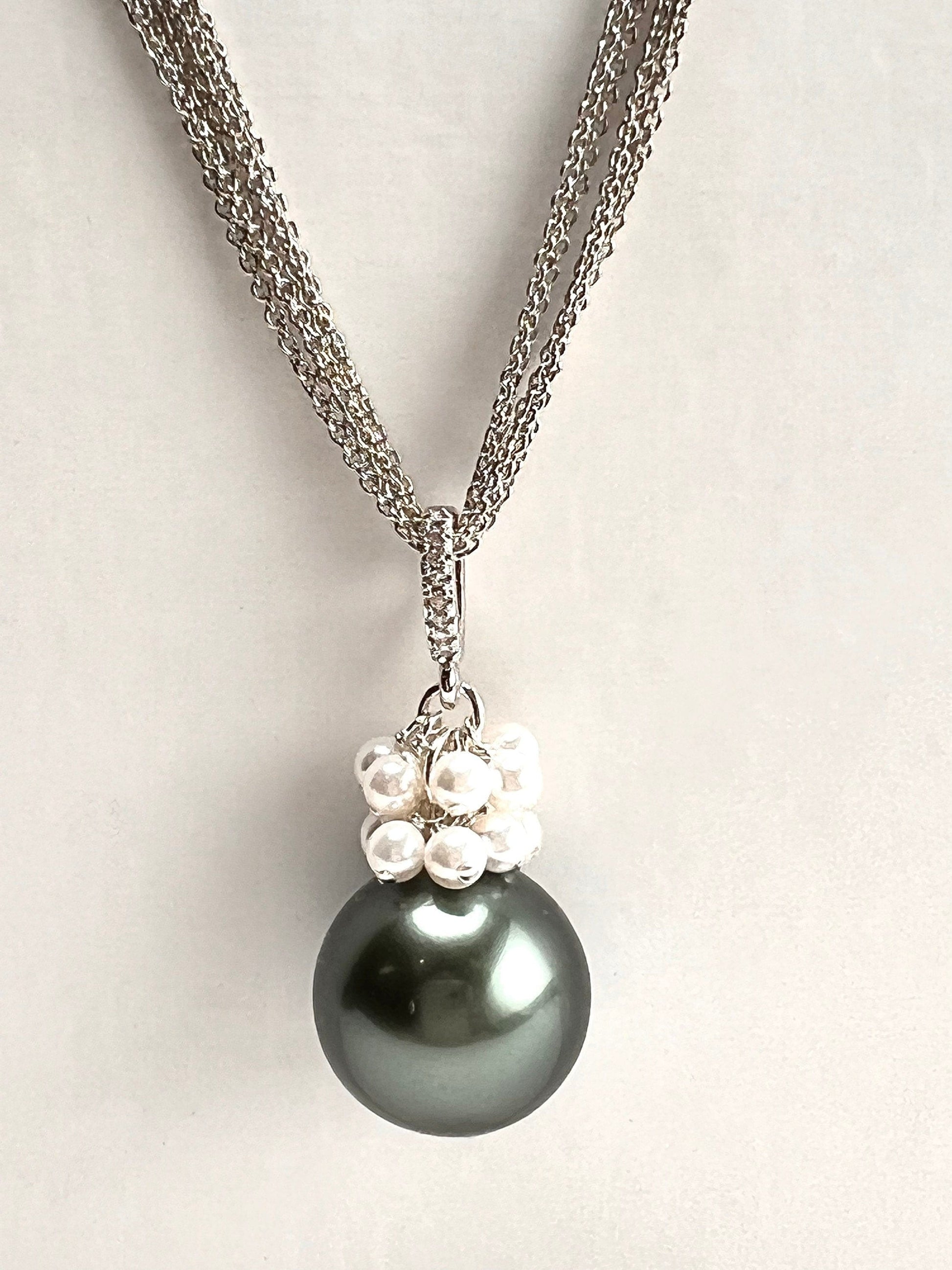 Teal Green 16mm South Sea Shell Pearl High Luster, 3mm White Freshwater Pearl Cluster, CZ Bail, 925 Sterling Silver Rhodium Finished Chain