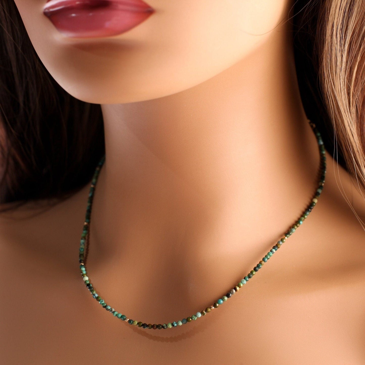 African Turquoise 2mm Faceted Round with 14k Gold Filled Spacer and Clasp Dainty Choker Layering Elegant Necklace, December Birthstone Gift