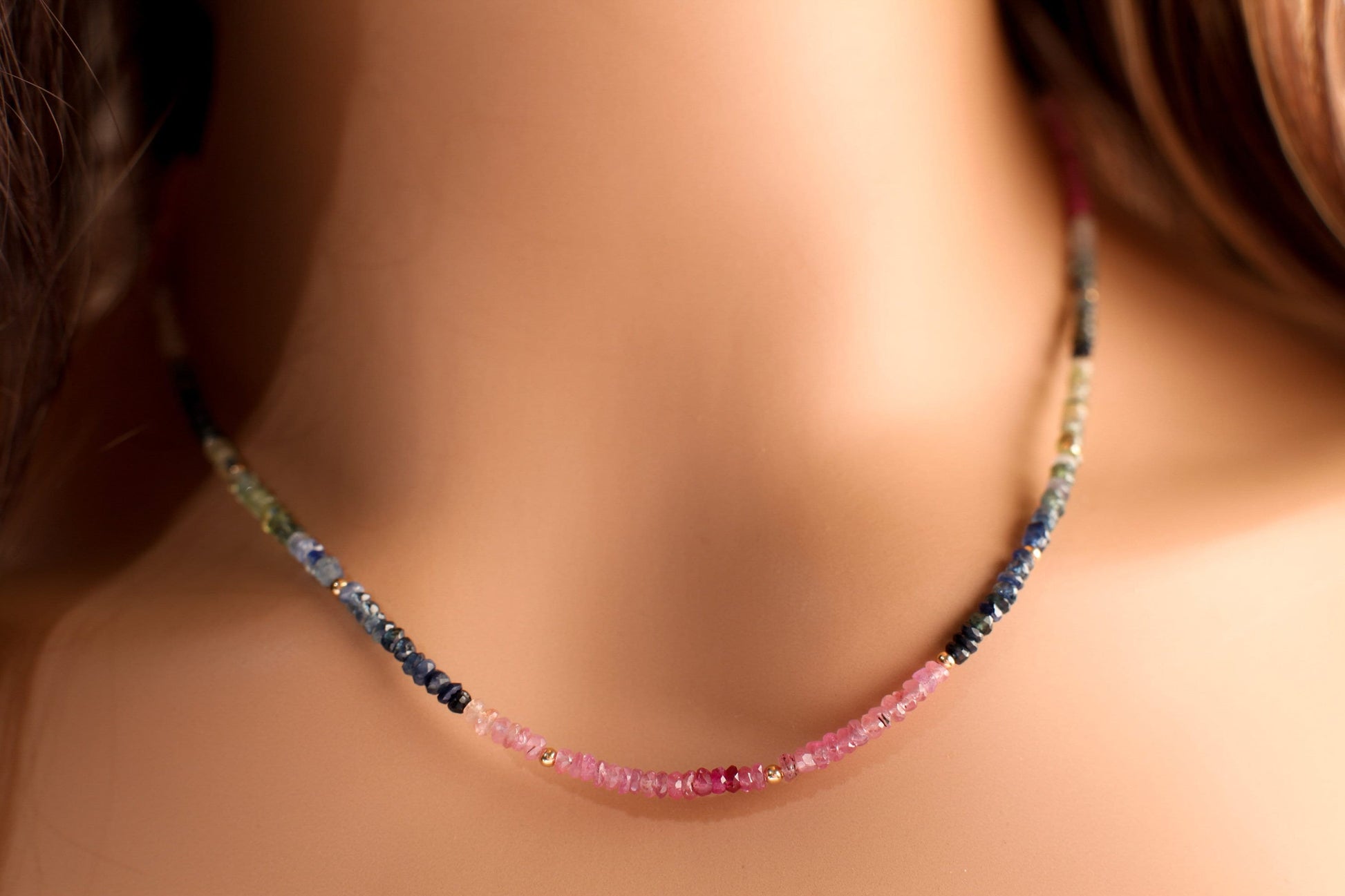 Natural Multi Sapphire Faceted 2.5-3mm Rondelle Gemstone with 14k Gold-filled Spacer and Clasp Necklace 14" to 30". Elegant gift .