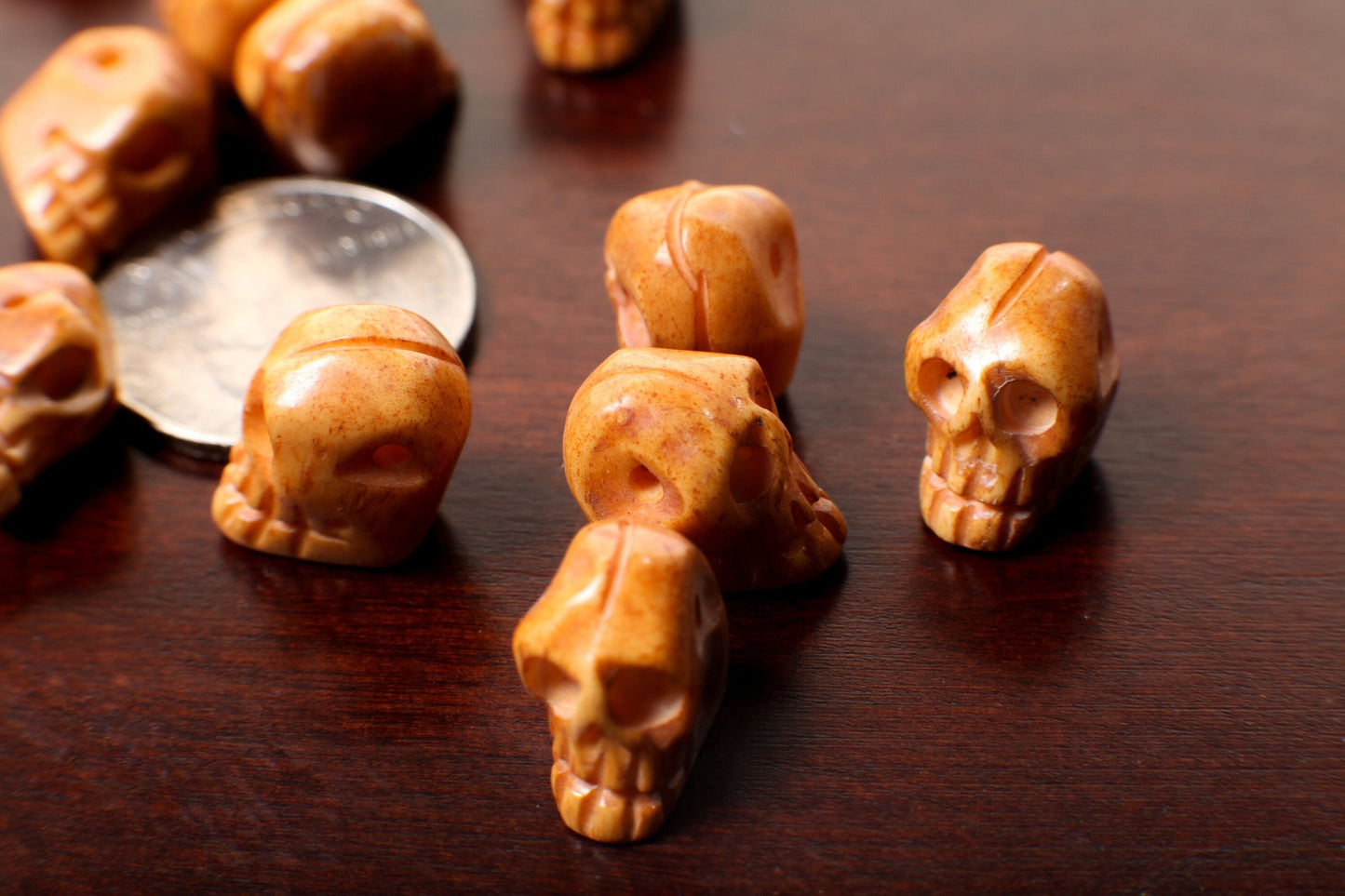 Carved Buffalo Bone Hand Craved Skull, Polished Bead Charm, Halloween Art Deco