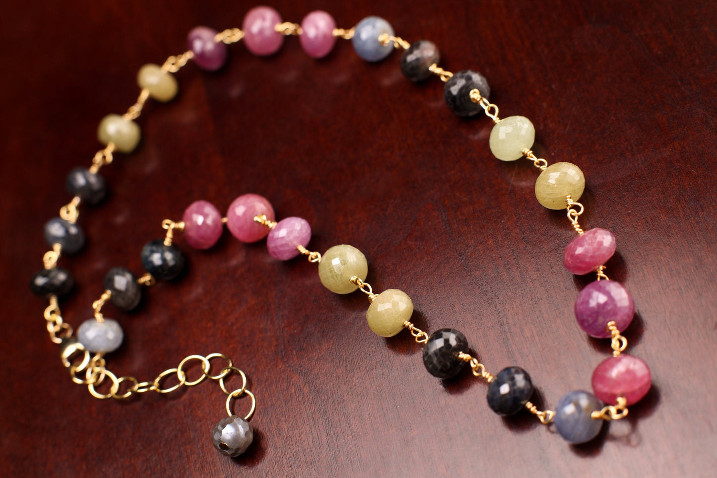 Multi Sapphire Faceted Rondelle 11mm large wire wrapped 14K Gold Filled Handmade Necklace with 2" Extension, Natural Gemstone elegant gift