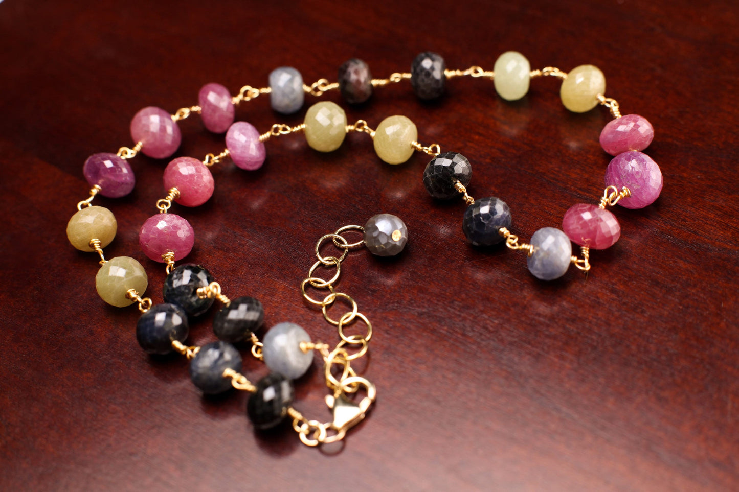 Multi Sapphire Faceted Rondelle 11mm large wire wrapped 14K Gold Filled Handmade Necklace with 2" Extension, Natural Gemstone elegant gift