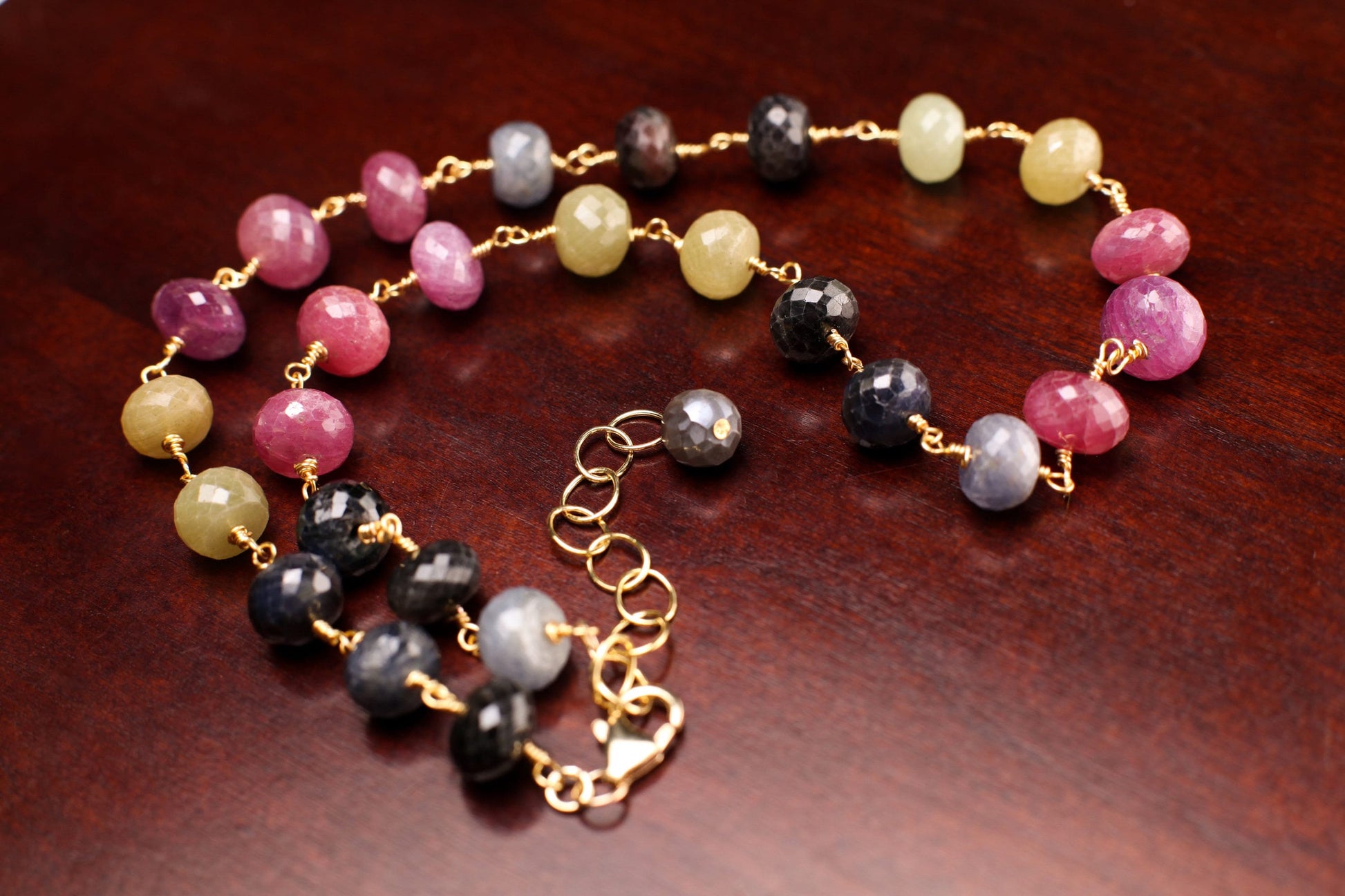 Multi Sapphire Faceted Rondelle 11mm large wire wrapped 14K Gold Filled Handmade Necklace with 2" Extension, Natural Gemstone elegant gift
