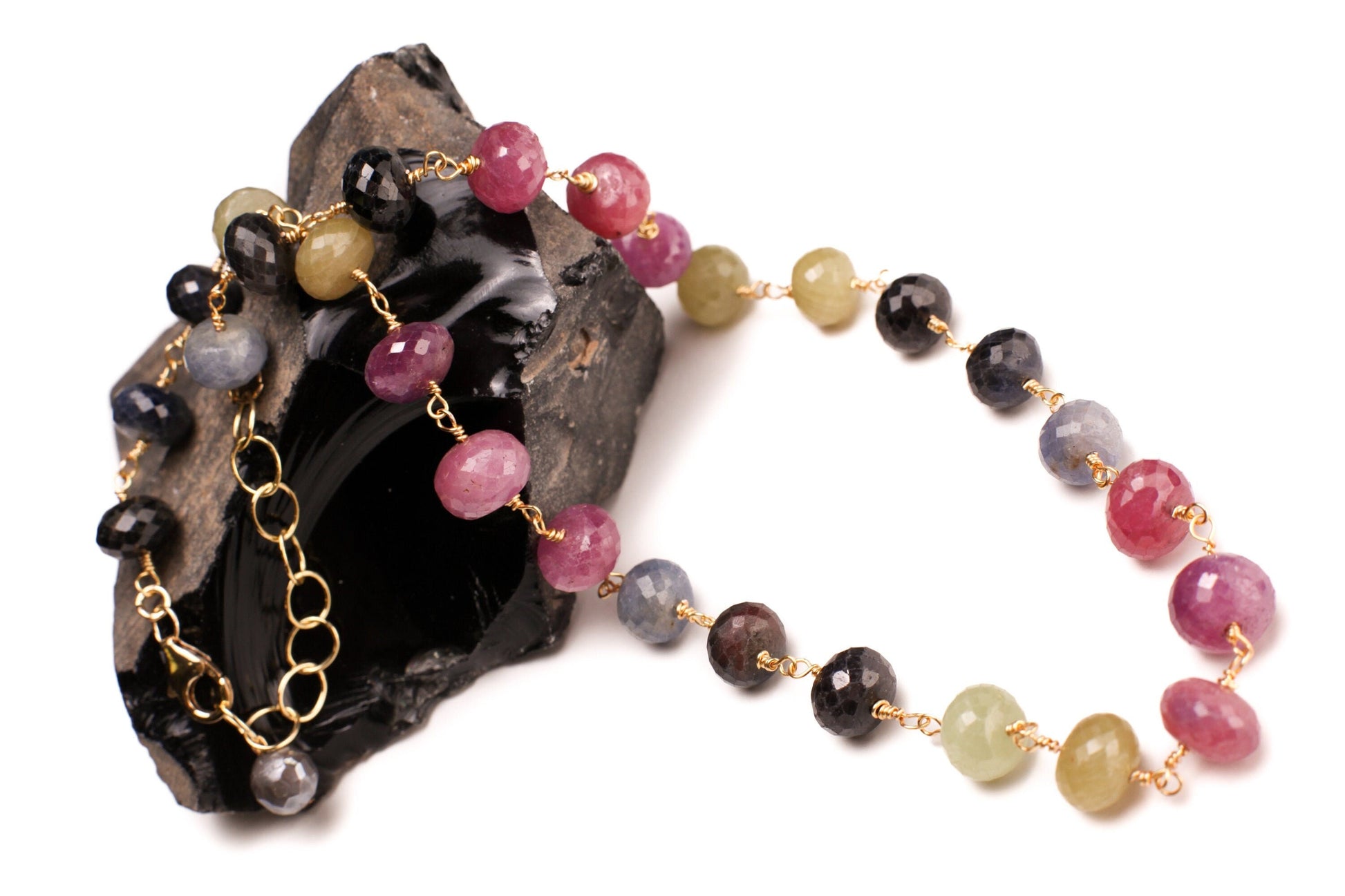 Multi Sapphire Faceted Rondelle 11mm large wire wrapped 14K Gold Filled Handmade Necklace with 2" Extension, Natural Gemstone elegant gift