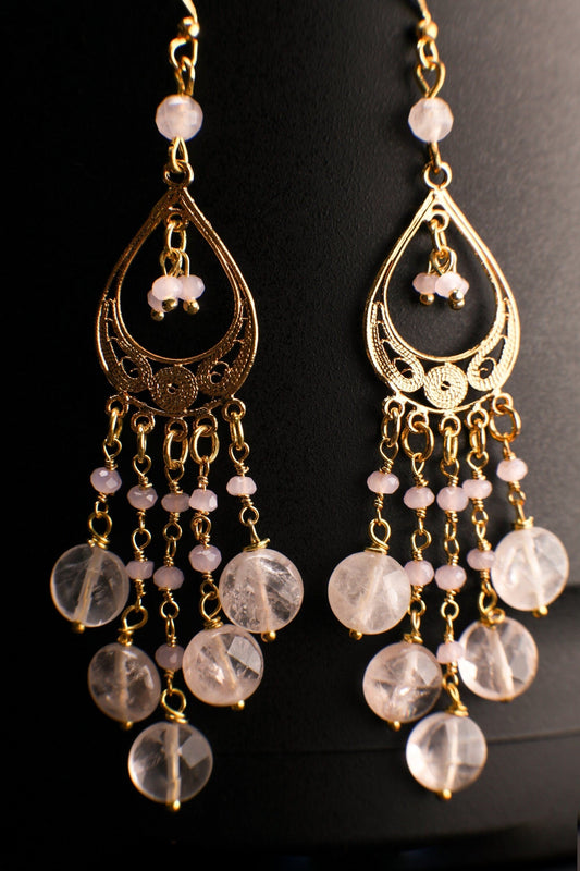 Brazilian Rose Quartz Faceted Coin 8mm Handmade Chandelier Wire Wrapped Dangling Earrings in Gold Vermeil Over 925 Sterling Silver Earwire