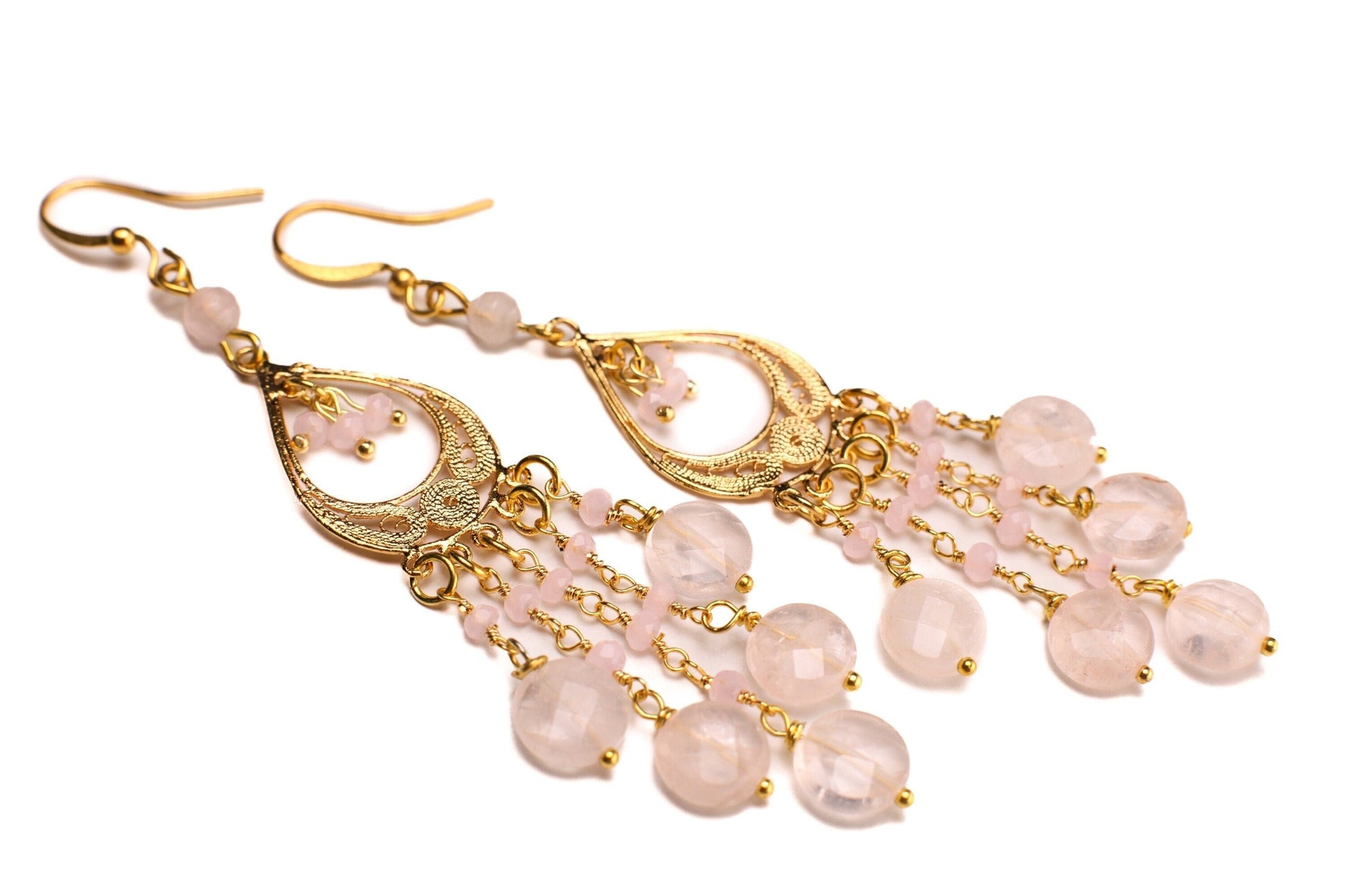 Brazilian Rose Quartz Faceted Coin 8mm Handmade Chandelier Wire Wrapped Dangling Earrings in Gold Vermeil Over 925 Sterling Silver Earwire