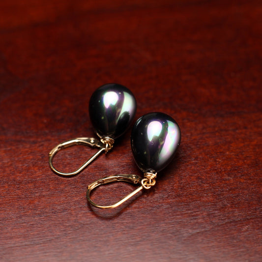 South Sea Shell Pearl 12x15mm Peacock Black High Luster Briolette 925 Sterling Silver, 14k Gold Filled Leverback Earrings, Elegant ,Bridal