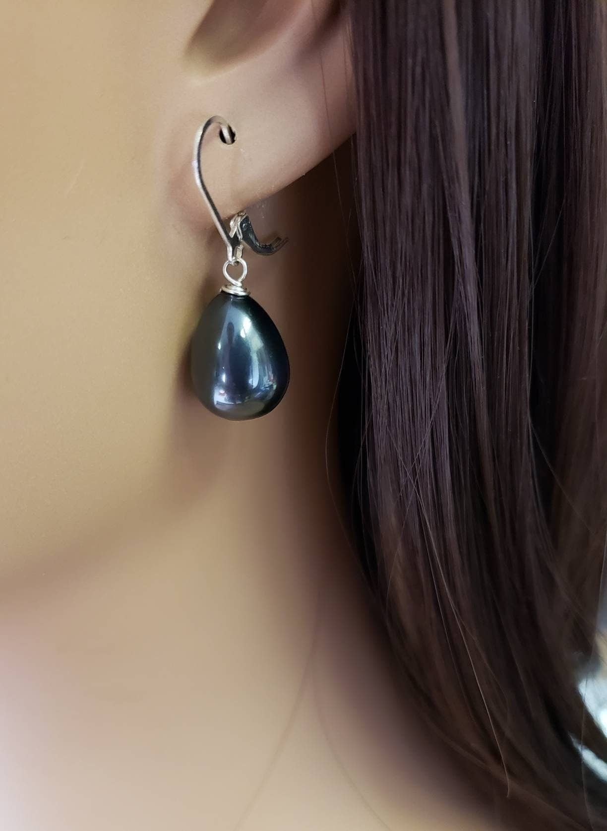 South Sea Shell Pearl 12x15mm Peacock Black High Luster Briolette 925 Sterling Silver, 14k Gold Filled Leverback Earrings, Elegant ,Bridal