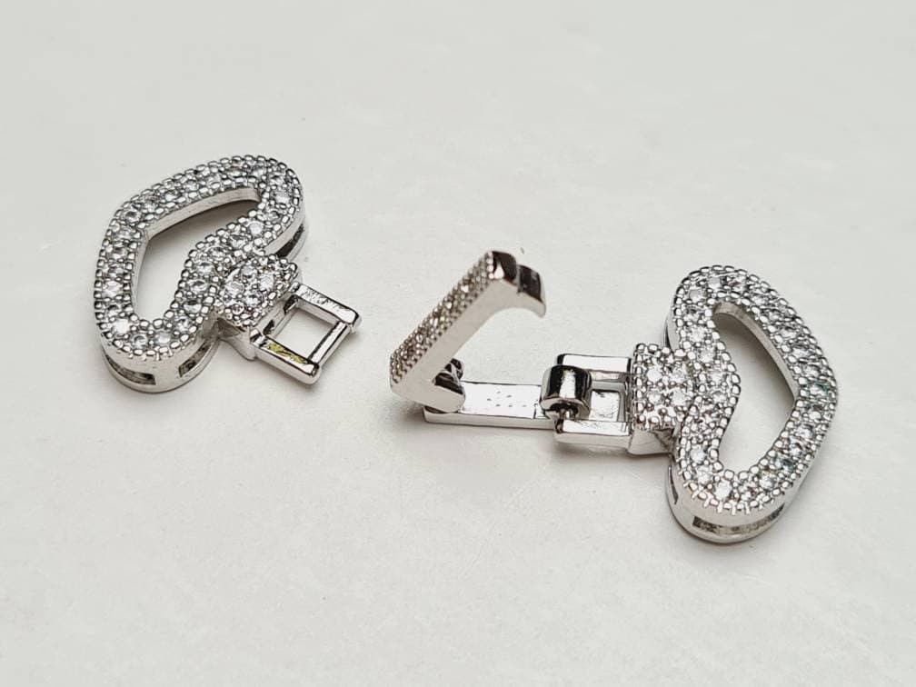 Cubic Zirconia CZ Micro Pave Diamond 1 to 3 Line Rhodium Sterling Silver Heart Clasp 14×31mm, Pearl Clasp, High End Jewelry Folding Clasp