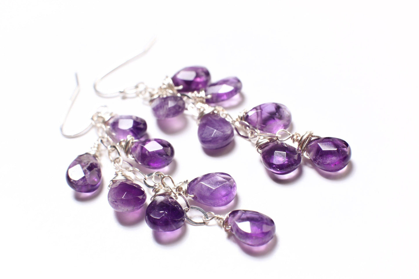 Natural Brazilian Amethyst Cascade Drop Earrings, 925 Sterling Silver,7x9mm Wire Wrapped Teardrop Dangling Earwire, Minimalist, Gift For her