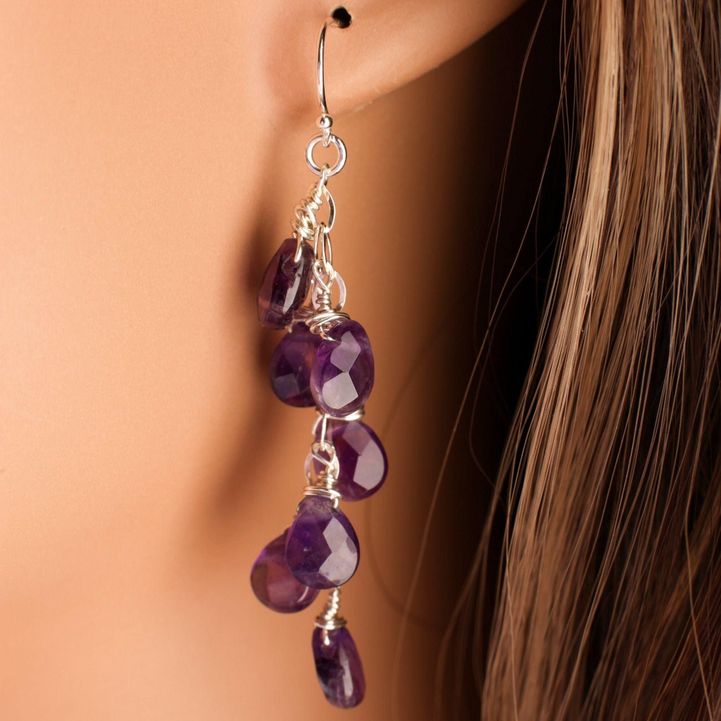 Natural Brazilian Amethyst Cascade Drop Earrings, 925 Sterling Silver,7x9mm Wire Wrapped Teardrop Dangling Earwire, Minimalist, Gift For her