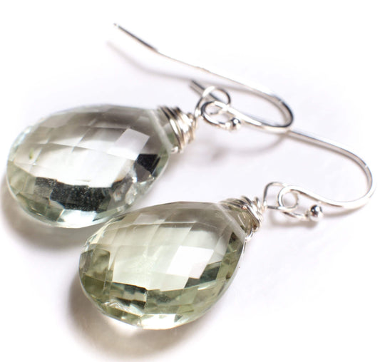 Green Amethyst,Genuine Prasiolite Faceted Teardrop, cut gemstone Wire Wrapped Earrings, 12x16mm drop in 925 Sterling Silver,14k goldfilled