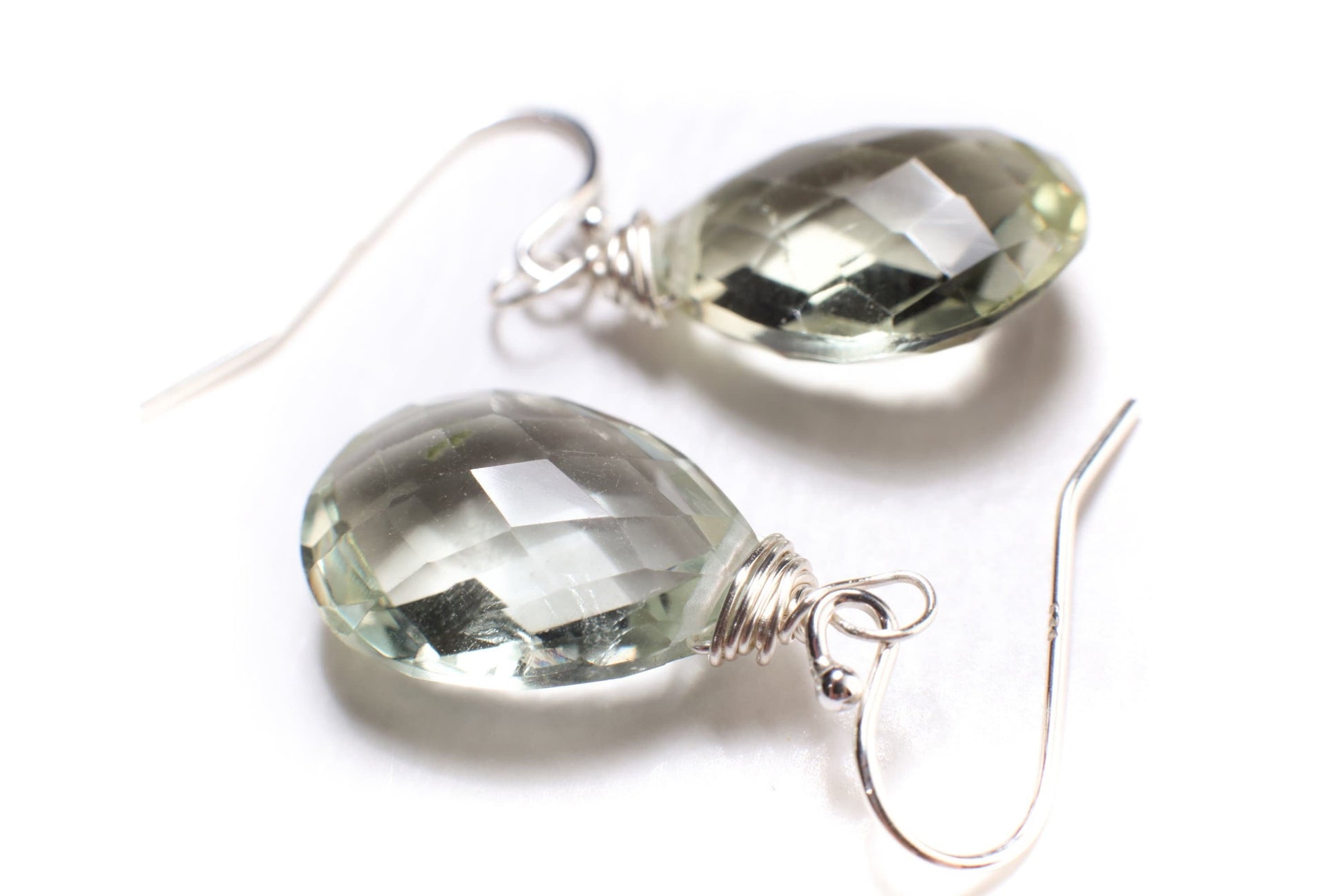 Green Amethyst,Genuine Prasiolite Faceted Teardrop, cut gemstone Wire Wrapped Earrings, 12x16mm drop in 925 Sterling Silver,14k goldfilled